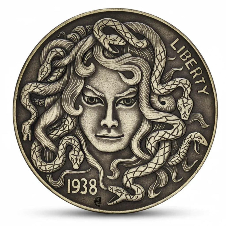 Medusa hobo nickel coin collectible Greek mythology Gorgon serpent hair brass antique gift for collectors available at One More Coin store

