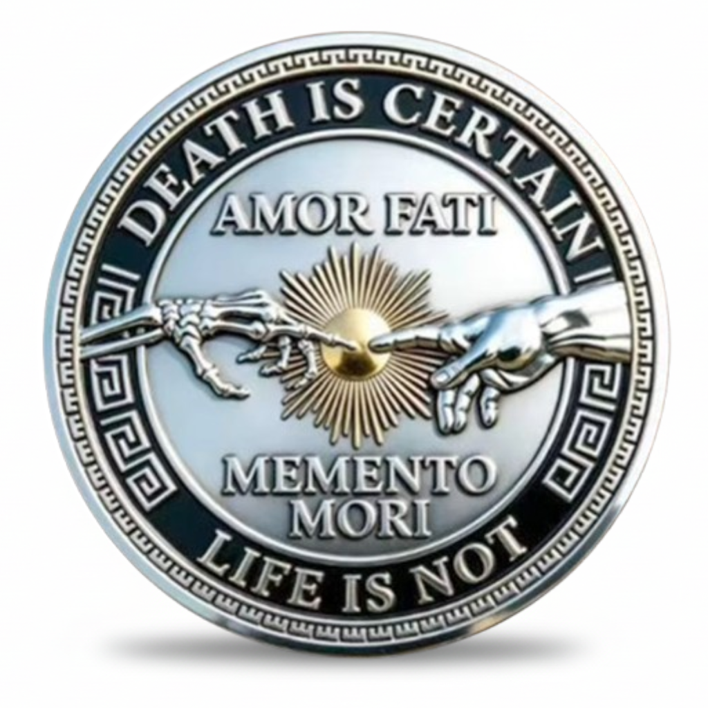 Amor Fati Death is Certain Life is Not Stoic commemorative collectible coin reverse skeletal and living hands golden sunburst Memento Mori gothic collectible token
