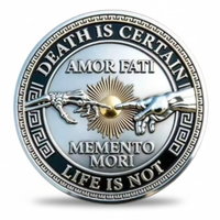 Amor Fati Death is Certain Life is Not Stoic commemorative collectible coin reverse skeletal and living hands golden sunburst Memento Mori gothic collectible token
