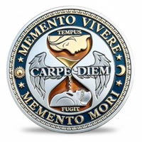 Memento Mori Carpe Diem Stoic commemorative collectible coin front winged hourglass wolf skull Carpe Diem Memento Vivere Memento Mori available at One More Coin store
