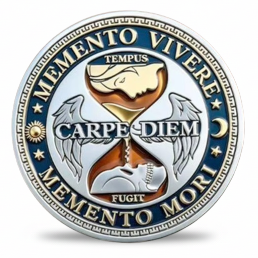 Memento Mori Carpe Diem Stoic commemorative collectible coin front winged hourglass wolf skull Carpe Diem Memento Vivere Memento Mori available at One More Coin store
