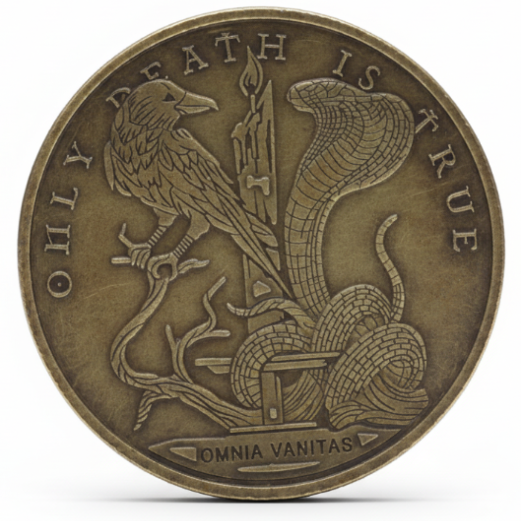 Memento mori coin reverse with eagle and cobra snake coiled around sword Omnia Vanitas inscription
