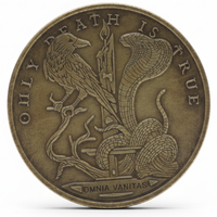 Memento mori coin reverse with eagle and cobra snake coiled around sword Omnia Vanitas inscription
