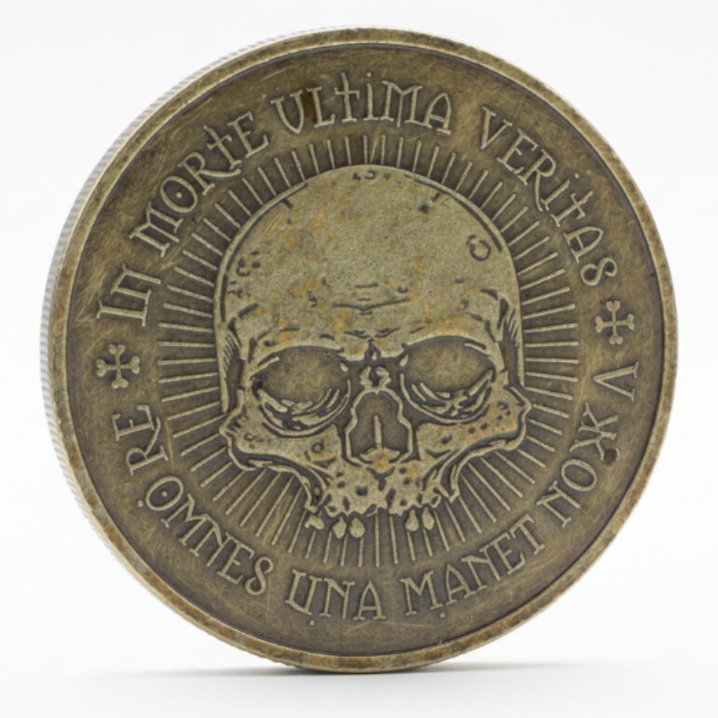 Memento mori Latin skull coin with sunburst and In Morte Ultima Veritas inscription carved philosophical art available at One More Coin store
