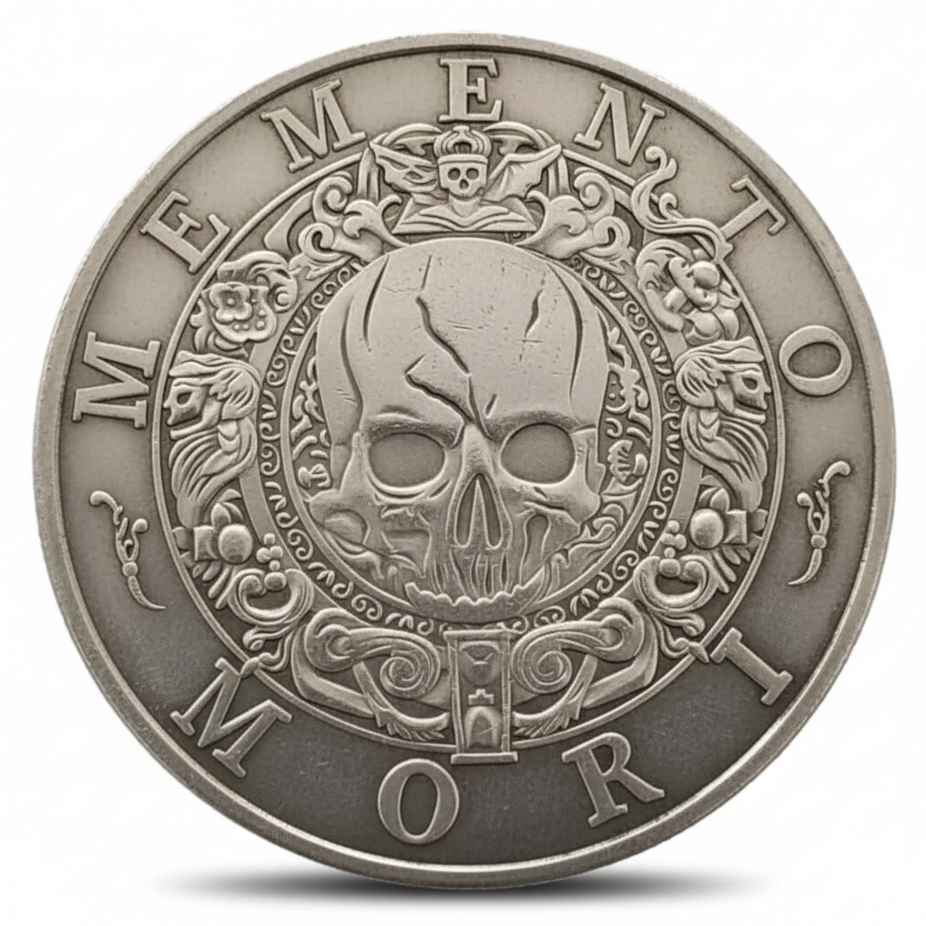 Memento mori skull coin with baroque scrollwork and Latin inscription gothic dark art collectible available at One More Coin store
