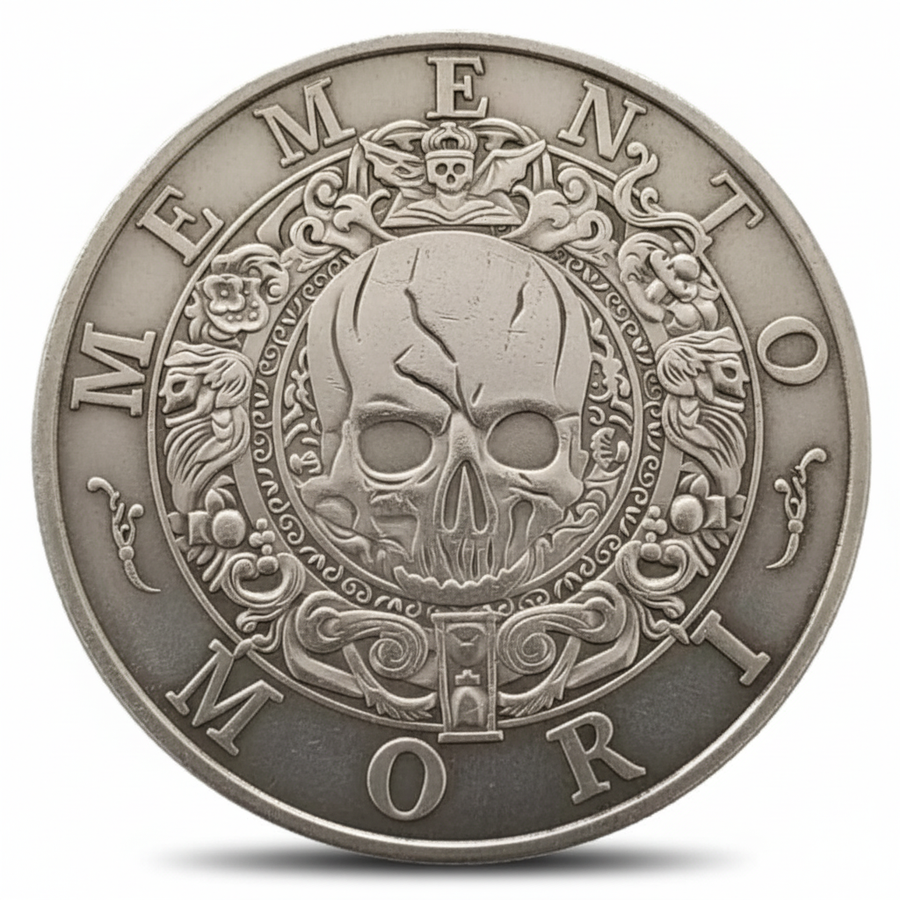 Memento mori skull coin with baroque scrollwork and Latin inscription gothic dark art collectible available at One More Coin store
