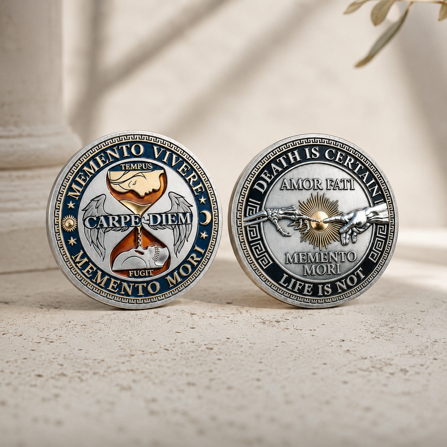 Front and back view of a Memento Mori stoic challenge coin featuring Carpe Diem, Amor Fati, hourglass artwork, and skeletal hand design on a neutral stone background.