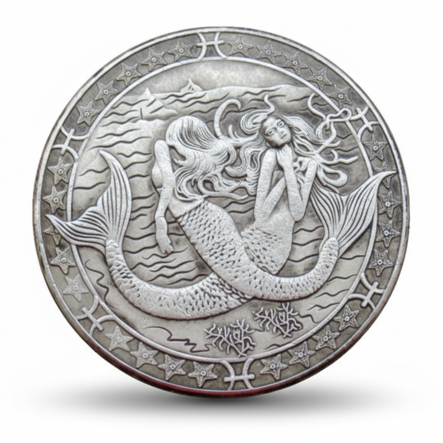 Mermaid hobo nickel collectible coin ocean waves star border mythology fantasy gift for collectors available at One More Coin store
