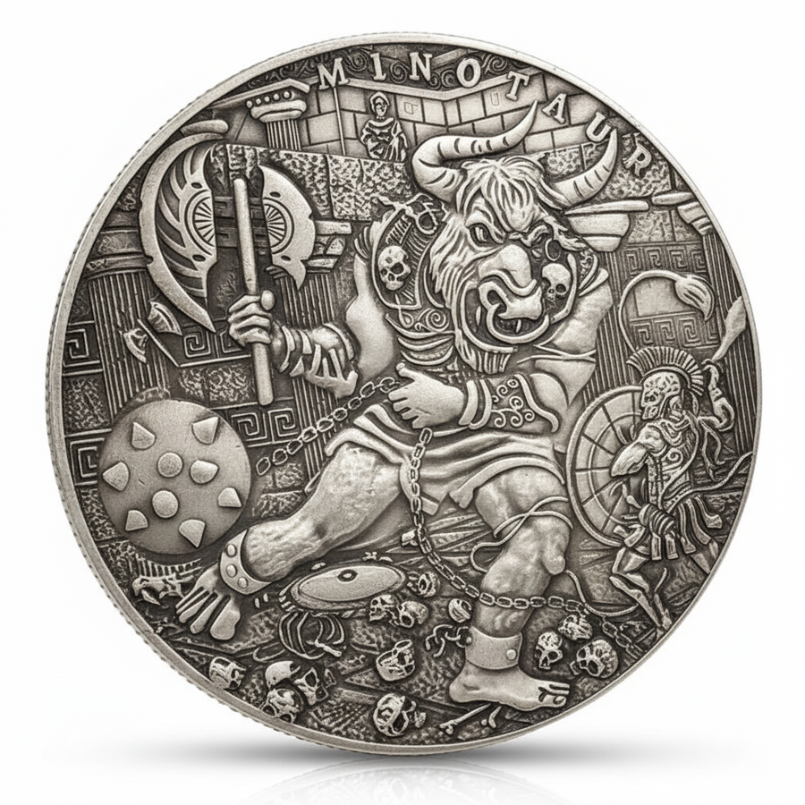 Minotaur gladiator coin collectible Greek mythology bull trident shield arena combat silver-plated gift for collectors available at One More Coin store
