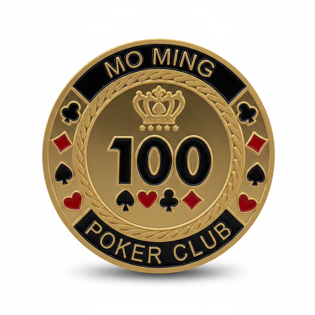 Mo Ming 100 Poker Club challenge coin featuring gold finish with crown, 100 denomination, and playing card suits, 40mm diameter
