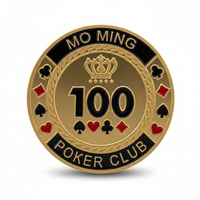 Mo Ming 100 Poker Club challenge coin featuring gold finish with crown, 100 denomination, and playing card suits, 40mm diameter
