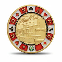 Gold-plated coin reverse featuring engraved Monte Carlo Casino building with elegant script, Monaco lettering with card suit symbols on red and white enamel border, 40mm collectible
