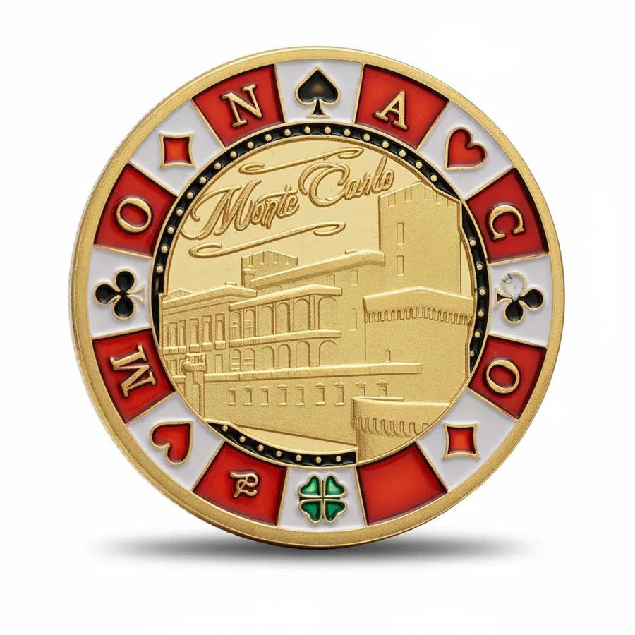 Gold-plated coin reverse featuring engraved Monte Carlo Casino building with elegant script, Monaco lettering with card suit symbols on red and white enamel border, 40mm collectible
