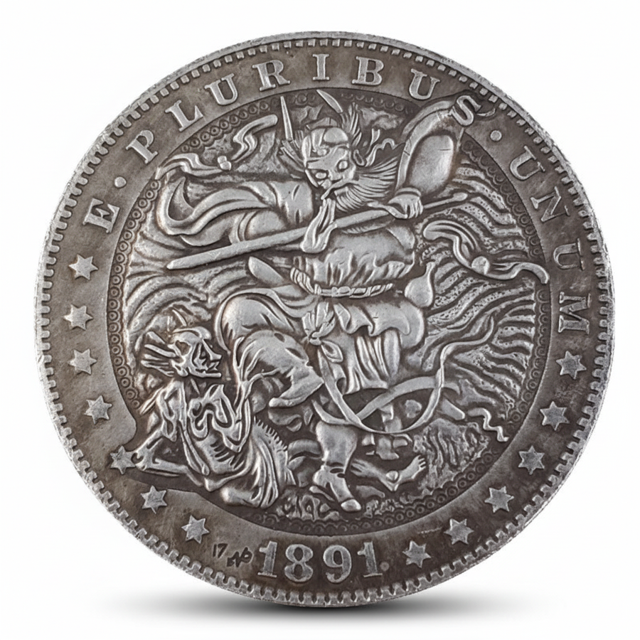 Monk demon hobo coin with epic battle scene flowing robes and horned demon 1891 carved gothic art available at One More Coin store
