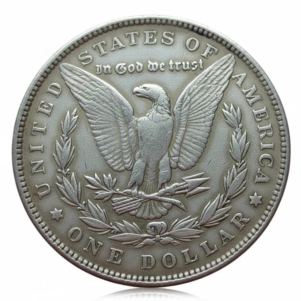 Morgan Dollar coin reverse showing eagle with spread wings, In God We Trust inscription, antique silver finish collectible
