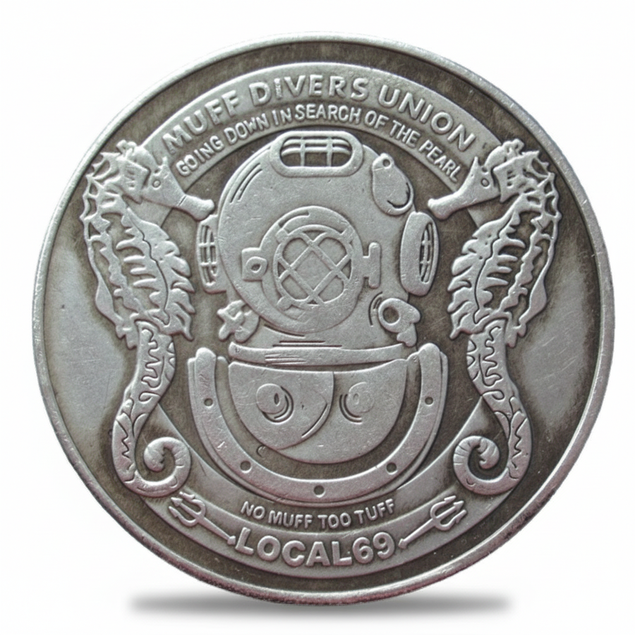 Muff Divers Union novelty coin collectible deep sea diver helmet humor gag gift bachelor party silver-plated available at One More Coin store
