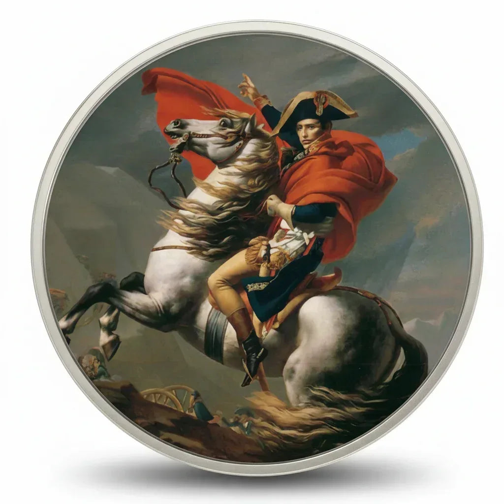 Napoleon Bonaparte silver collectible coin token crossing the Alps French military history memorabilia for collectors
