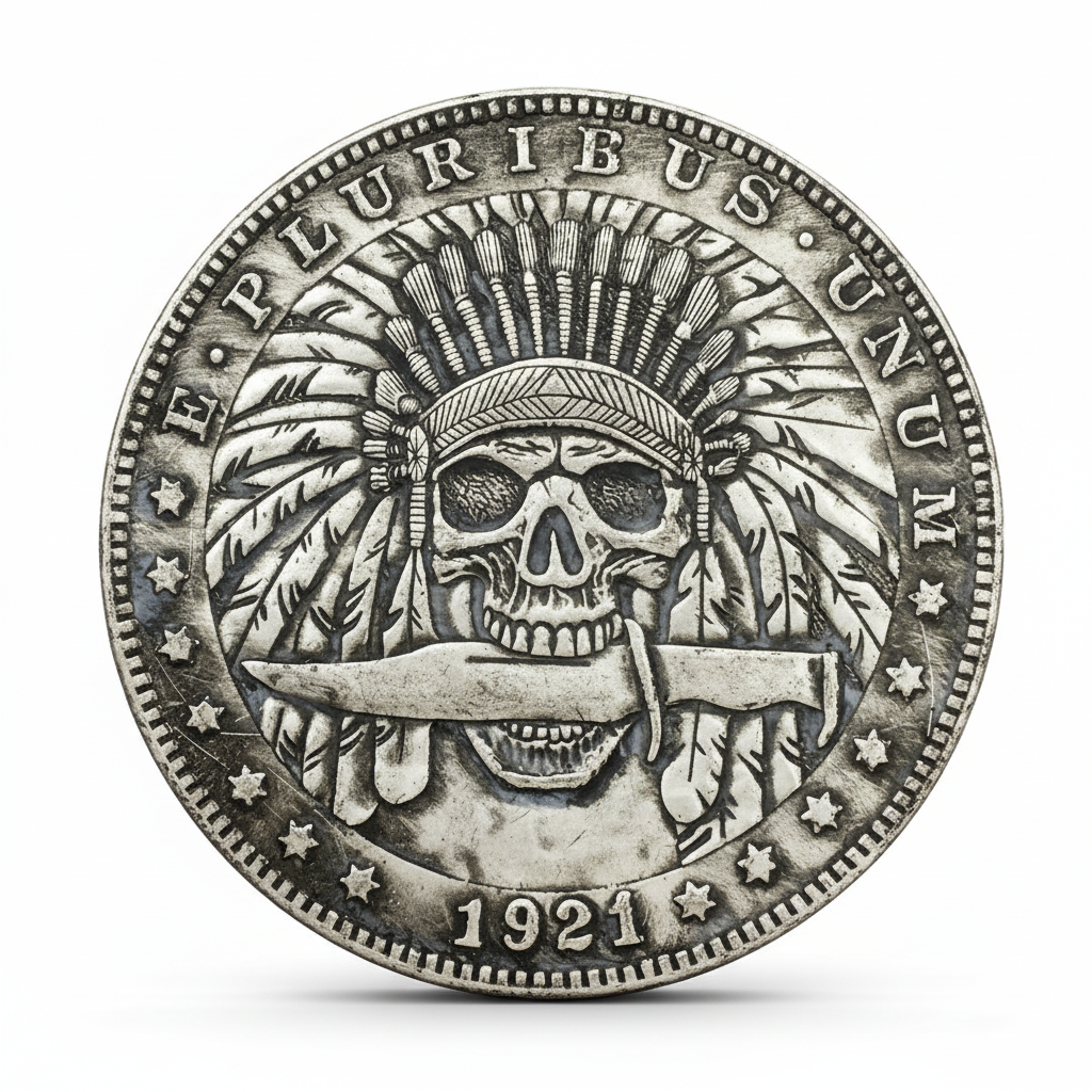 Native American skull coin with feathered headdress and banner 1921 carved Western art available at One More Coin store
