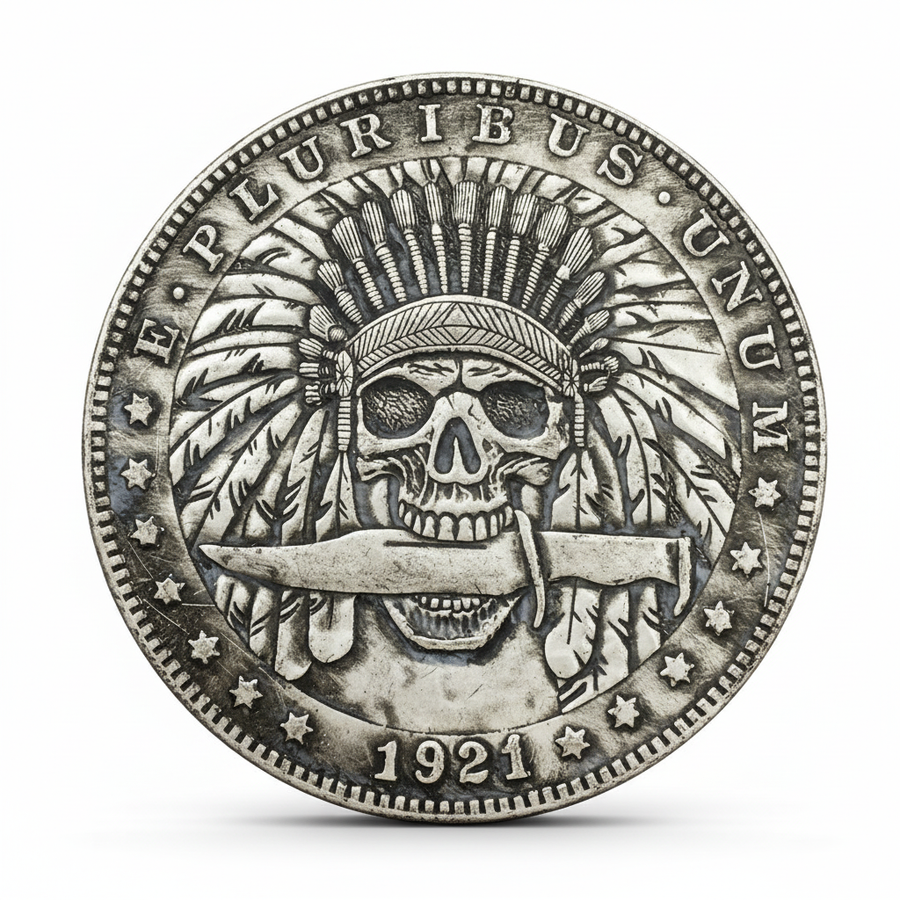 Native American skull coin with feathered headdress and banner 1921 carved Western art available at One More Coin store
