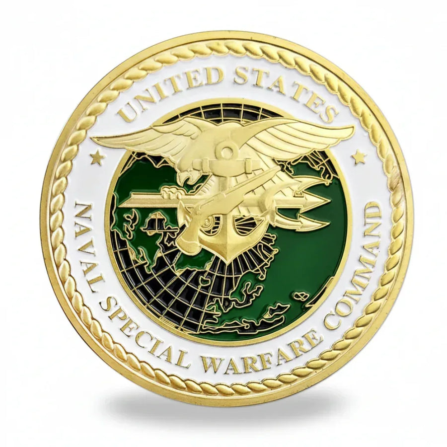 Naval Special Warfare Command challenge coin commemorative collectible Navy SEALs trident eagle special operations US Navy military collectible token available at One More Coin store
