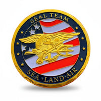 Navy SEAL Team challenge coin commemorative collectible trident emblem American flag special operations US Navy military collectible token available at One More Coin store
