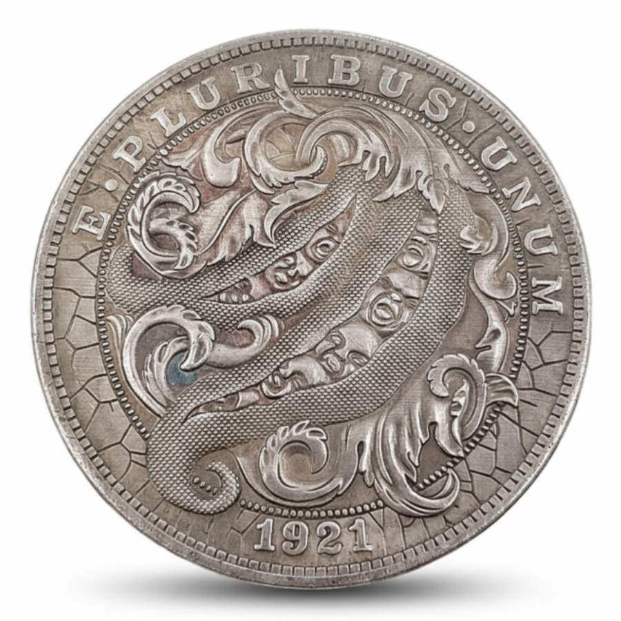 Octopus coin with flowing tentacles and eagle reverse 1921 carved marine art available at One More Coin store
