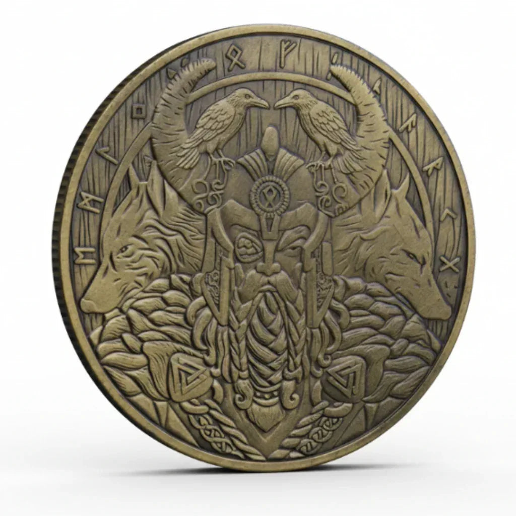 Odin Valknut rune coin commemorative collectible Norse mythology ravens Huginn Muninn wolves Geri Freki Viking bronze collectible token available at One More Coin store
