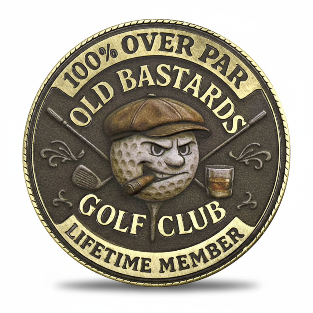 Old Bastards Golf Club coin commemorative collectible grumpy golf ball 19th hole beer whiskey cigar funny golf novelty collectible token available at One More Coin store
