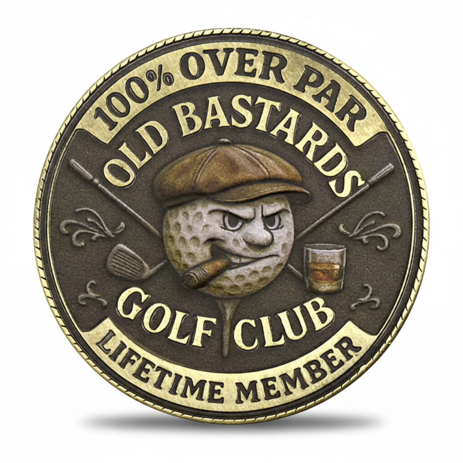 Old Bastards Golf Club coin commemorative collectible grumpy golf ball 19th hole beer whiskey cigar funny golf novelty collectible token available at One More Coin store
