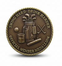Old Bastards Golf Club coin reverse featuring vintage golf bag with TOBGC tag, whiskey glass, cigar, golf ball and crossed clubs on antique bronze finish