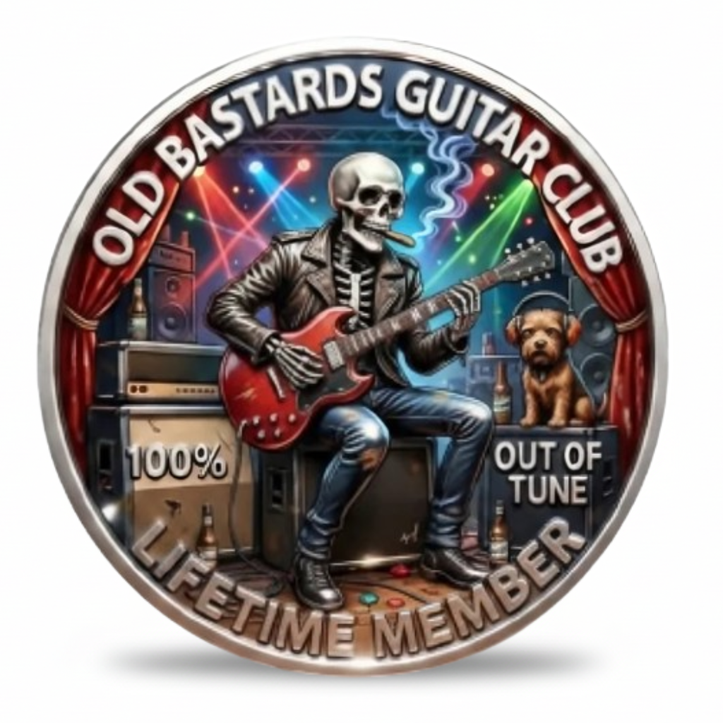 Old Bastards Guitar Club skeleton guitarist collectible coin lifetime member novelty music gift available at One More Coin store

