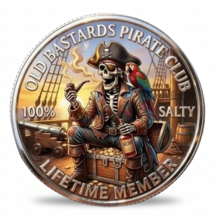 Old Bastards Pirate Club skeleton pirate treasure chest novelty collectible coin 100% salty lifetime member available at One More Coin store
