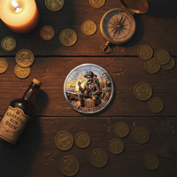 Old Bastards Pirate Club novelty collectible coin overhead flat lay with rum bottle vintage compass and gold coins on rustic wood
