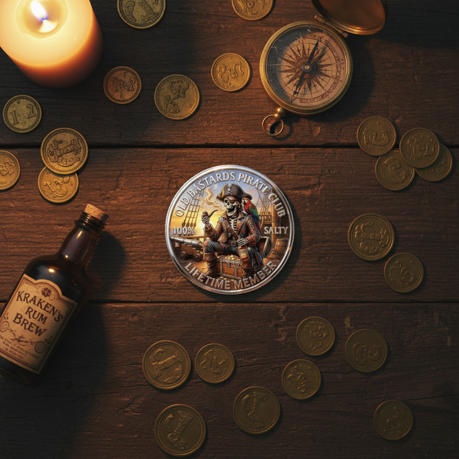 Old Bastards Pirate Club novelty collectible coin overhead flat lay with rum bottle vintage compass and gold coins on rustic wood
