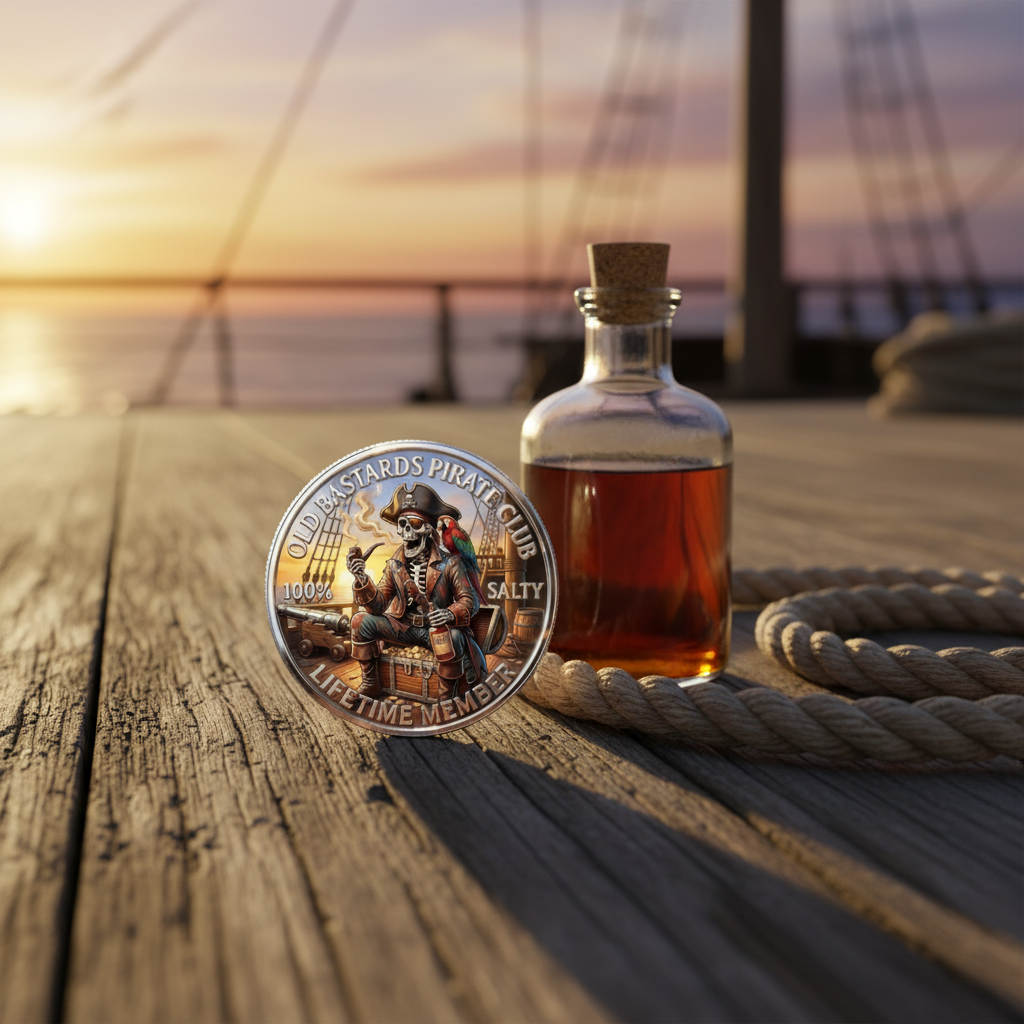 Old Bastards Pirate Club skeleton pirate novelty collectible coin resting on weathered ship deck with rum bottle and rope
