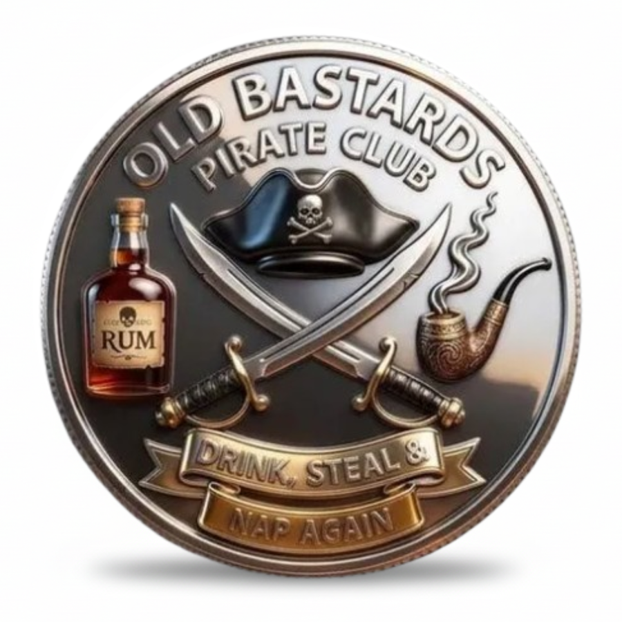 Old Bastards Pirate Club crossed cutlasses rum and pipe crest novelty collectible coin drink steal and nap again
