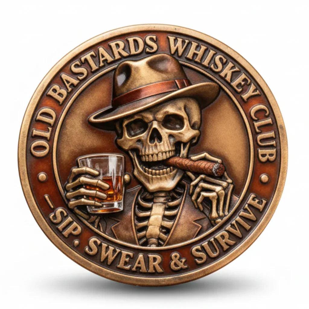 Old Bastards Whiskey Club coin skeleton whiskey glass cigar novelty collectible gift for whiskey lovers available at One More Coin store
