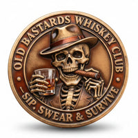 Old Bastards Whiskey Club coin skeleton whiskey glass cigar novelty collectible gift for whiskey lovers available at One More Coin store
