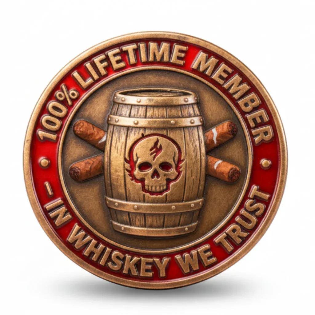 Old Bastards Whiskey Club coin reverse whiskey barrel skull lifetime member novelty collectible token
