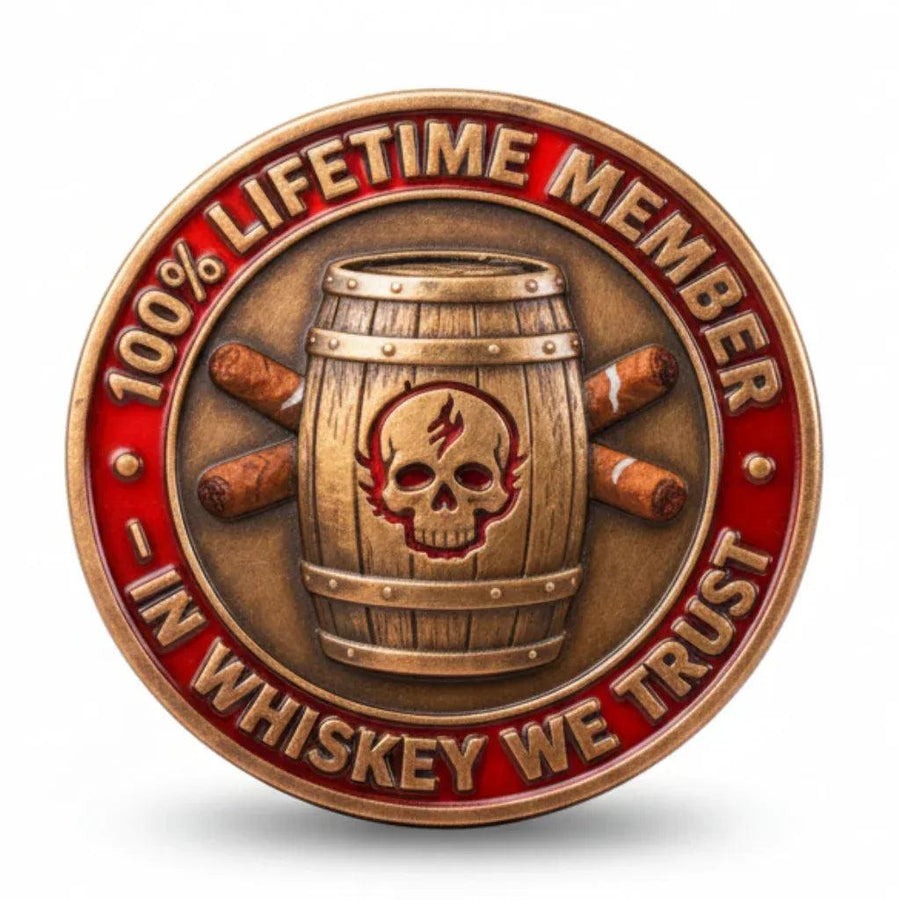 Old Bastards Whiskey Club coin reverse whiskey barrel skull lifetime member novelty collectible token

