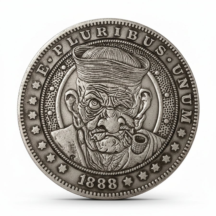 Old sailor hobo coin with weathered face and pipe 1888 carved nautical art available at One More Coin store
