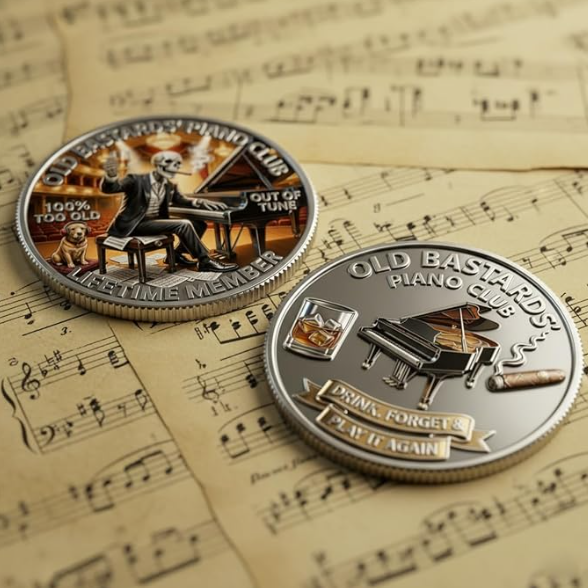 Two round commemorative coins featuring piano-themed artwork and text, placed on top of aged sheet music. One coin shows a seated pianist with a dog and the words 'Old Bastard's Piano Club'; the other shows a grand piano, a glass, and a cigar
