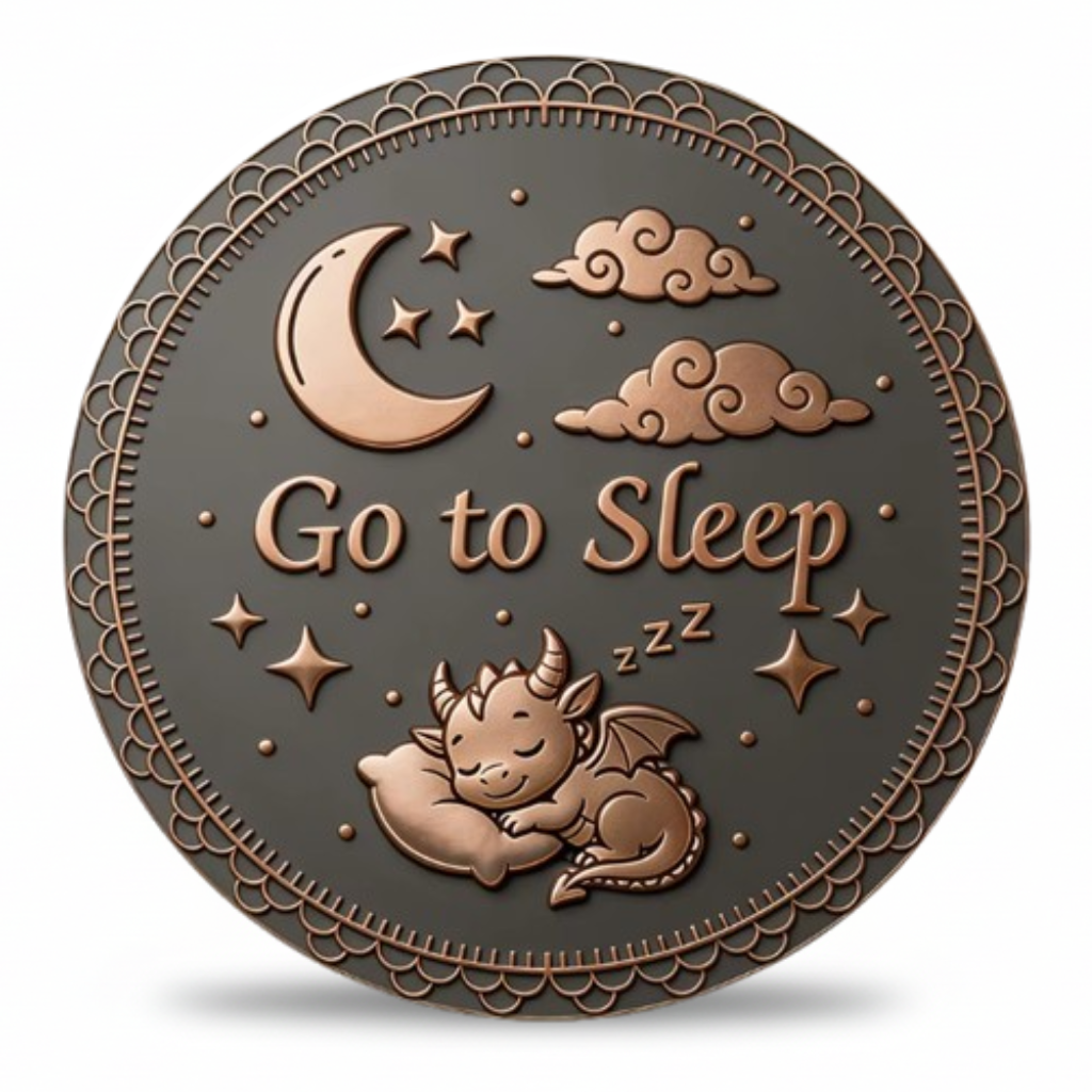 One More Chapter antique copper collectible coin reverse sleeping baby dragon crescent moon stars Go to Sleep inscription fantasy reader gift collectible token
