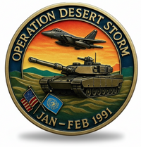 Operation Desert Storm commemorative coin 1991 Gulf War coalition forces fighter jets M1 Abrams tank Kuwait liberation military collectible token available at One More Coin store
