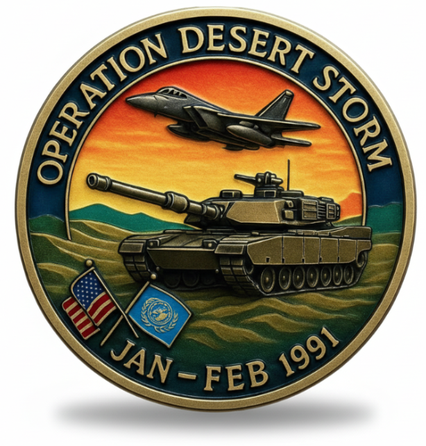 Operation Desert Storm commemorative coin 1991 Gulf War coalition forces fighter jets M1 Abrams tank Kuwait liberation military collectible token available at One More Coin store
