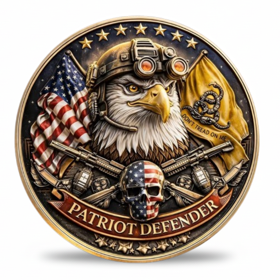 Patriot Defender bald eagle tactical night vision Gadsden flag Stars and Stripes crossed rifles skull commemorative collectible coin American patriot military collectible token available at One More Coin store
