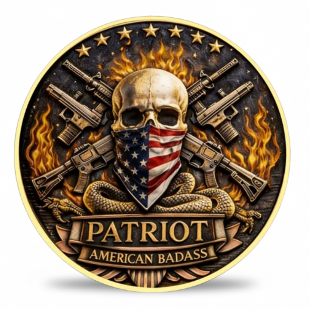 American Badass skull American flag bandana crossed AR-15 rifles flames rattlesnake Patriot commemorative collectible coin military veteran collectible token
