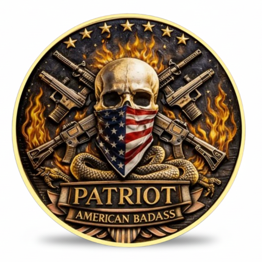 American Badass skull American flag bandana crossed AR-15 rifles flames rattlesnake Patriot commemorative collectible coin military veteran collectible token
