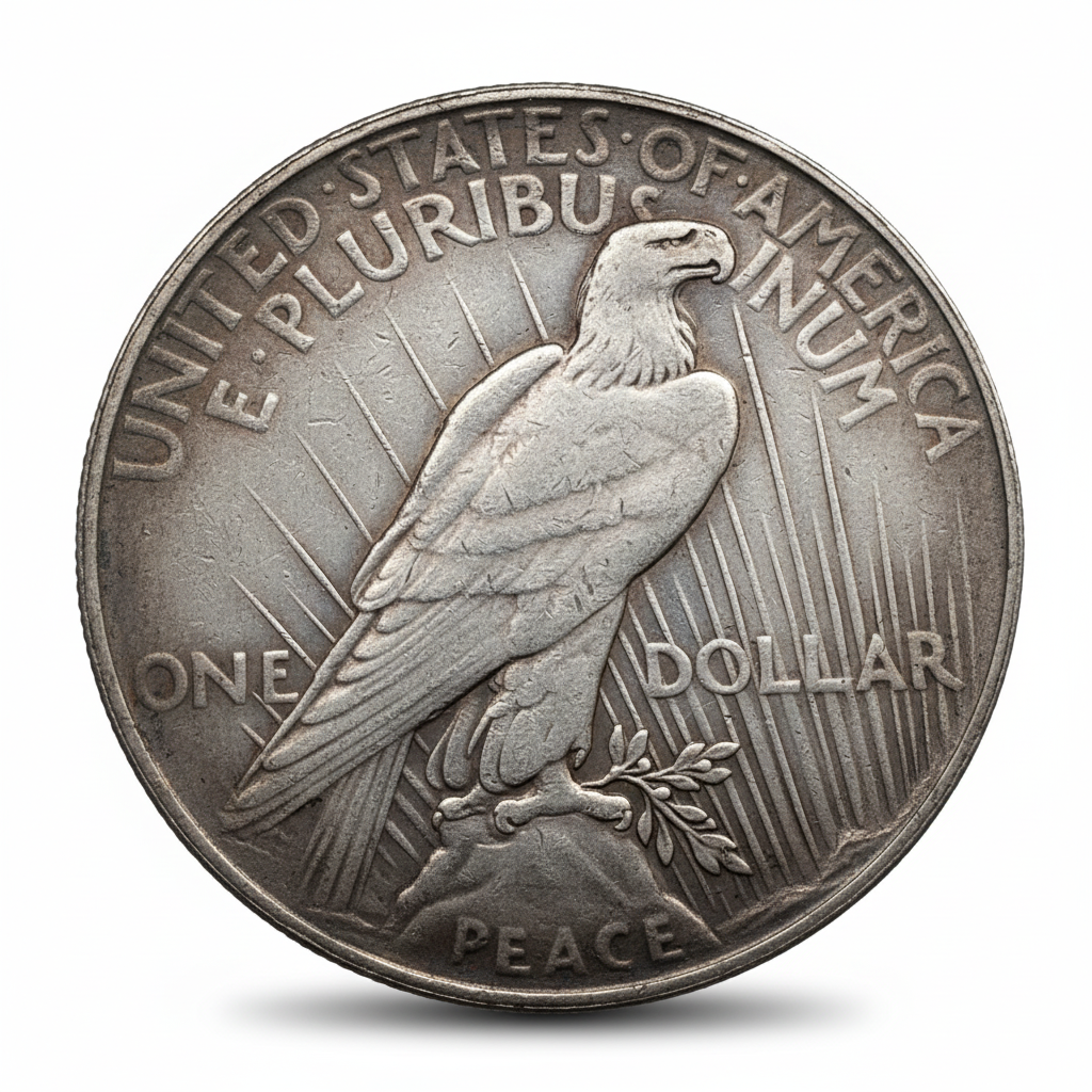 Antique silver coin reverse featuring American eagle perched on olive branch with rays, United States of America One Dollar Peace text, 33mm collectible
