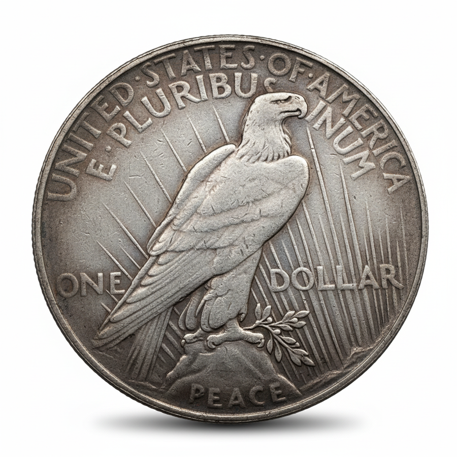 Antique silver coin reverse featuring American eagle perched on olive branch with rays, United States of America One Dollar Peace text, 33mm collectible
